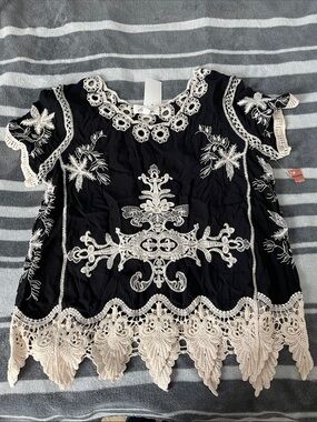 Embroidered Black Blouse with Ivory Lace Trim